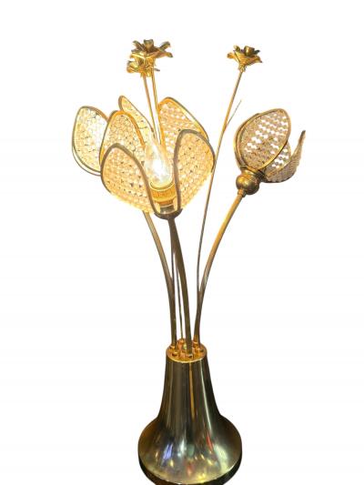 MODERNIST BRASS ROSES AND CRYSTAL THREE FLOWER LAMP