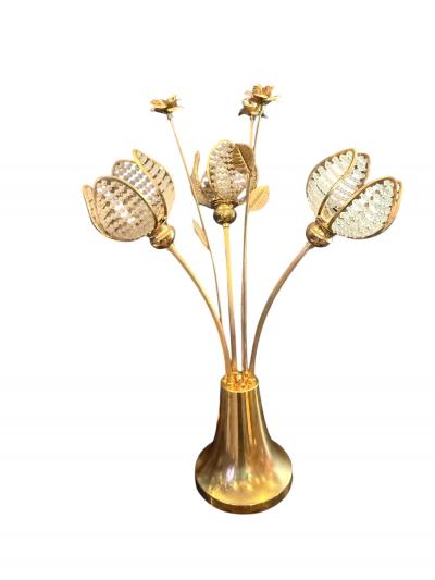 MODERNIST BRASS ROSES AND CRYSTAL THREE FLOWER LAMP