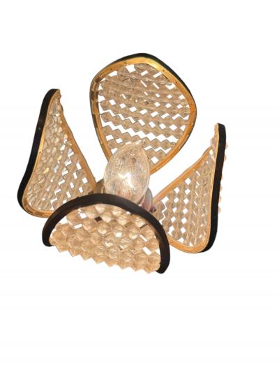 MODERNIST BRASS ROSES AND CRYSTAL THREE FLOWER LAMP