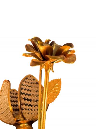 MODERNIST BRASS ROSES AND CRYSTAL THREE FLOWER LAMP