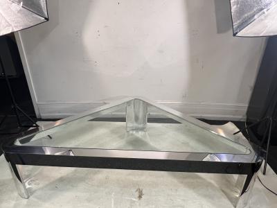 MODERNIST CHROME AND GLASS TRIANGULAR COFFEE TABLE