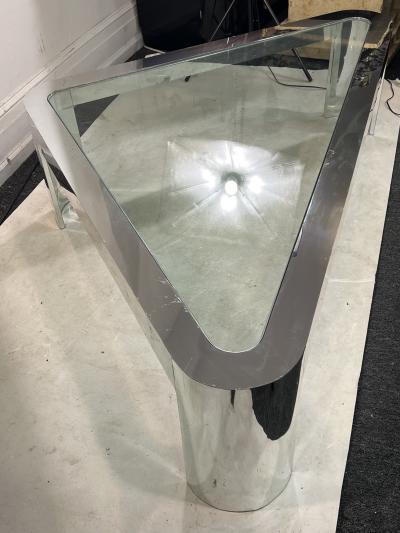 MODERNIST CHROME AND GLASS TRIANGULAR COFFEE TABLE