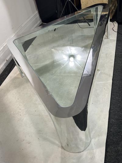 MODERNIST CHROME AND GLASS TRIANGULAR COFFEE TABLE