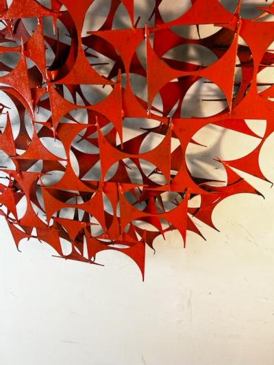 MODERNIST CIRCULAR POP ORANGE ENAMEL BRUTALIST WALL SCULPTURE