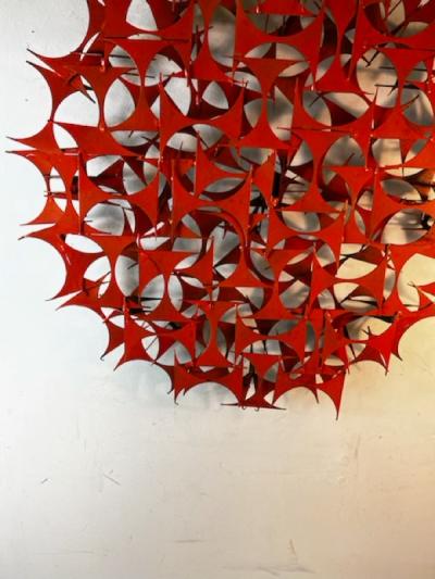 MODERNIST CIRCULAR POP ORANGE ENAMEL BRUTALIST WALL SCULPTURE