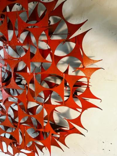 MODERNIST CIRCULAR POP ORANGE ENAMEL BRUTALIST WALL SCULPTURE