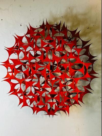 MODERNIST CIRCULAR POP ORANGE ENAMEL BRUTALIST WALL SCULPTURE