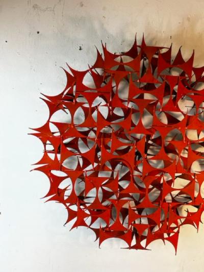 MODERNIST CIRCULAR POP ORANGE ENAMEL BRUTALIST WALL SCULPTURE
