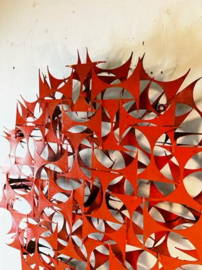 MODERNIST CIRCULAR POP ORANGE ENAMEL BRUTALIST WALL SCULPTURE