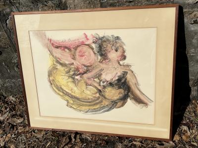 MODERNIST NUDE ANGEL SHIP FIGUREHEAD WATERCOLOR AND GOUACHE PAINTING SIGNED 1969