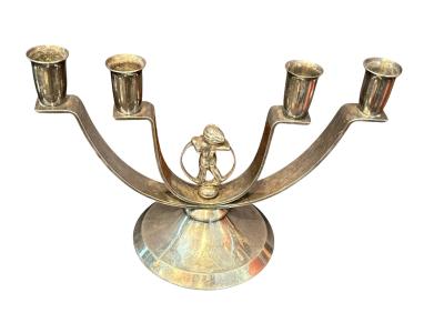 MODERNIST PAIR OF ART DECO SILVERED CANDELABRA WITH STYLIZED CHERUB IN RING