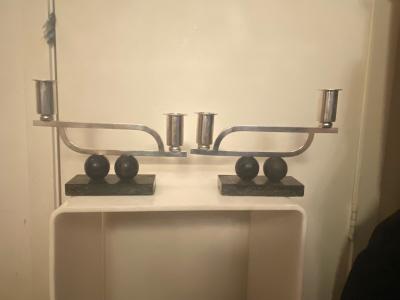 MODERNIST PAIR OF STERLING AND WOOD ART DECO CANDLESTICKS