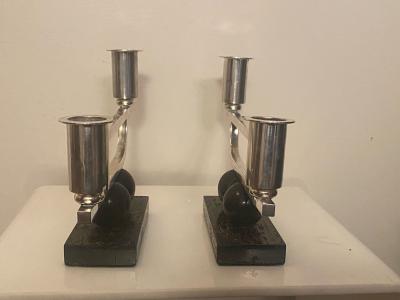 MODERNIST PAIR OF STERLING AND WOOD ART DECO CANDLESTICKS