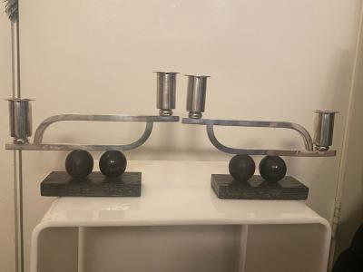 MODERNIST PAIR OF STERLING AND WOOD ART DECO CANDLESTICKS