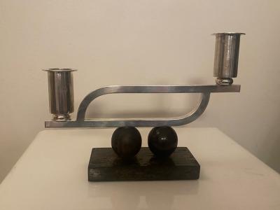 MODERNIST PAIR OF STERLING AND WOOD ART DECO CANDLESTICKS