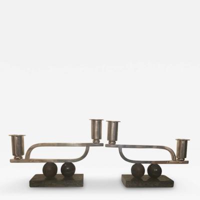 MODERNIST PAIR OF STERLING AND WOOD ART DECO CANDLESTICKS