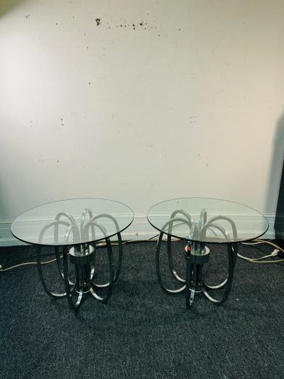 MODERNIST PAIR OF TUBULAR CHROME CAGE FORM SIDE TABLES