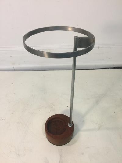 MODERNIST STEEL AND ROUND WOOD BASE UMBRELLA STAND