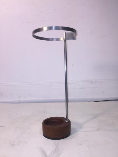 MODERNIST STEEL AND ROUND WOOD BASE UMBRELLA STAND