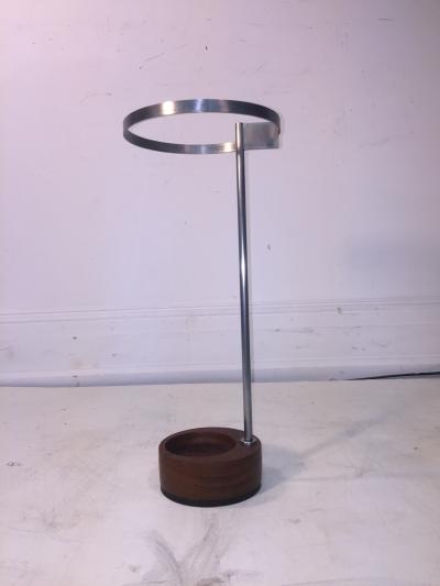 MODERNIST STEEL AND ROUND WOOD BASE UMBRELLA STAND