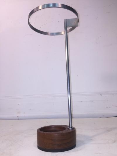 MODERNIST STEEL AND ROUND WOOD BASE UMBRELLA STAND