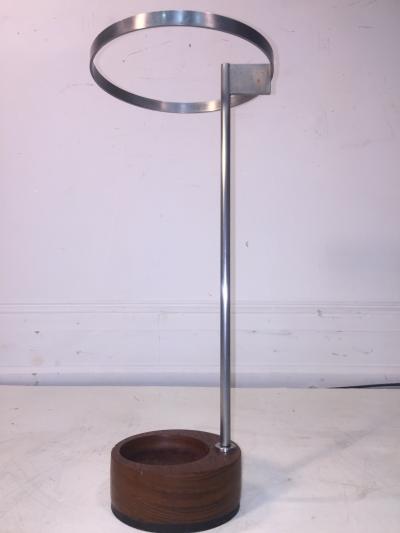 MODERNIST STEEL AND ROUND WOOD BASE UMBRELLA STAND