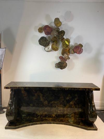 MODERNIST TESSELATTED HORN AND BRASS SWAN CONSOLE