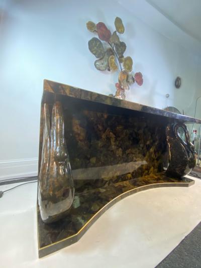 MODERNIST TESSELATTED HORN AND BRASS SWAN CONSOLE