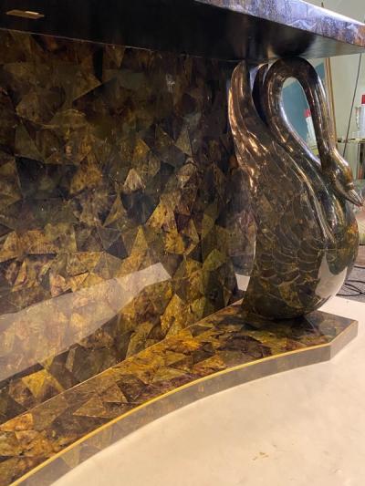 MODERNIST TESSELATTED HORN AND BRASS SWAN CONSOLE