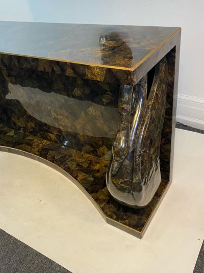 MODERNIST TESSELATTED HORN AND BRASS SWAN CONSOLE