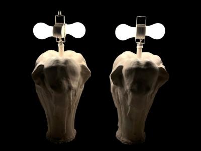MODERNIST WHITE ENAMELED CAST METAL FULL FIGURAL ELEPHANT LAMPS