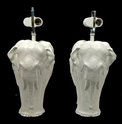 MODERNIST WHITE ENAMELED CAST METAL FULL FIGURAL ELEPHANT LAMPS