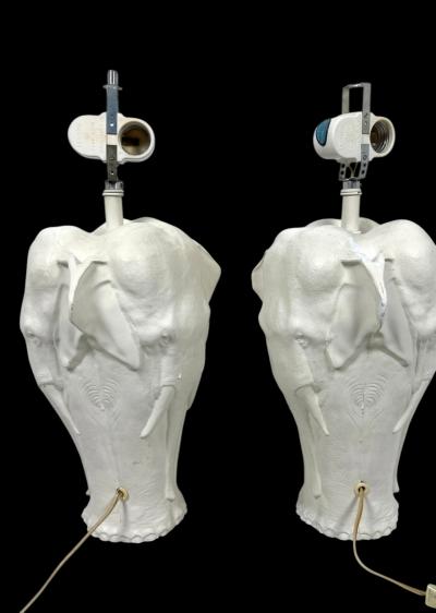MODERNIST WHITE ENAMELED CAST METAL FULL FIGURAL ELEPHANT LAMPS