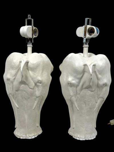 MODERNIST WHITE ENAMELED CAST METAL FULL FIGURAL ELEPHANT LAMPS