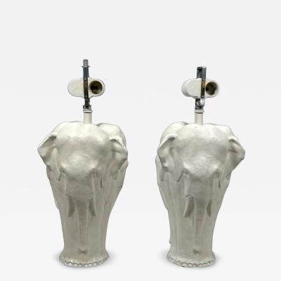 MODERNIST WHITE ENAMELED CAST METAL FULL FIGURAL ELEPHANT LAMPS