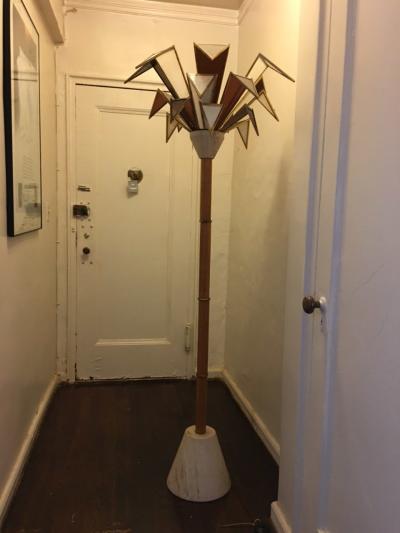 MODERNISTIC ITALIAN FRAMED GLASS AND TRAVERTINE MARBLE PALM TREE FLOOR LAMP