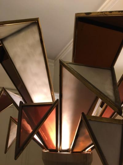 MODERNISTIC ITALIAN FRAMED GLASS AND TRAVERTINE MARBLE PALM TREE FLOOR LAMP