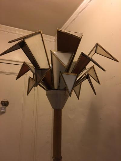 MODERNISTIC ITALIAN FRAMED GLASS AND TRAVERTINE MARBLE PALM TREE FLOOR LAMP