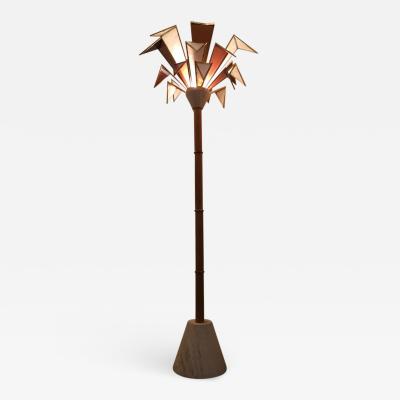 MODERNISTIC ITALIAN FRAMED GLASS AND TRAVERTINE MARBLE PALM TREE FLOOR LAMP