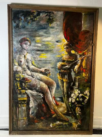 MONUMENTAL 19TH CENTURY PAINTING OF TWO LADIES ON VERANDA PLAYING MANDOLIN