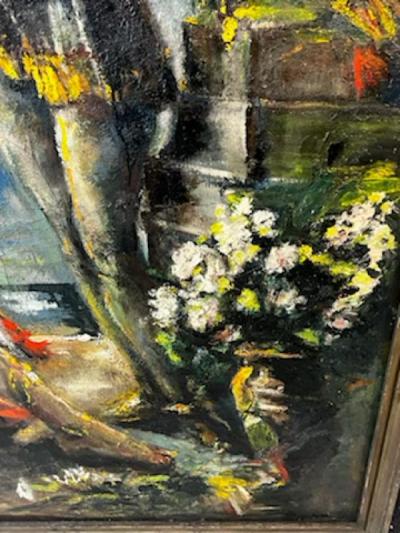 MONUMENTAL 19TH CENTURY PAINTING OF TWO LADIES ON VERANDA PLAYING MANDOLIN