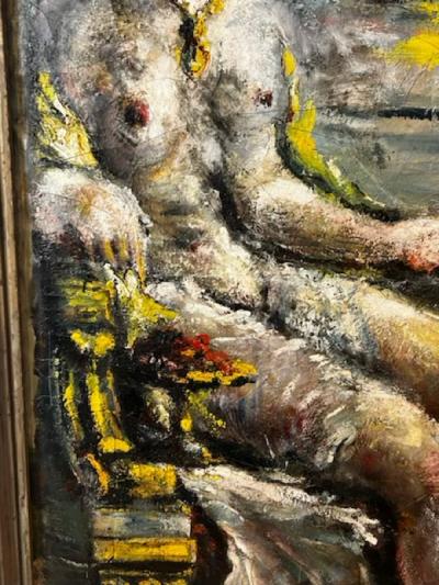 MONUMENTAL 19TH CENTURY PAINTING OF TWO LADIES ON VERANDA PLAYING MANDOLIN