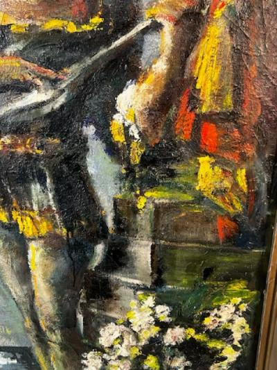 MONUMENTAL 19TH CENTURY PAINTING OF TWO LADIES ON VERANDA PLAYING MANDOLIN