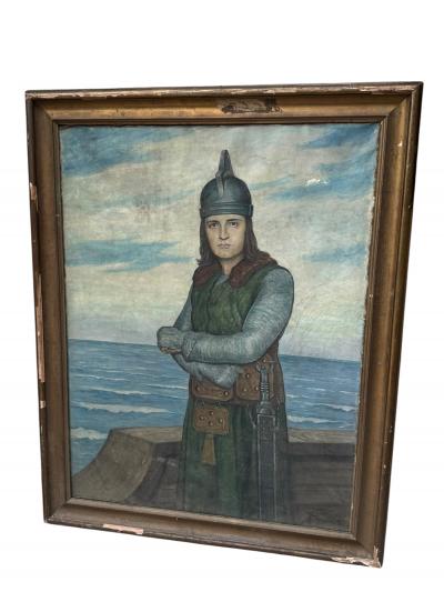 MONUMENTAL ANTIQUE PORTRAIT OF A KNIGHT ON A SHIP AT SEA SIGNED DATED 1925