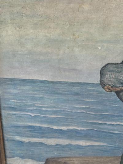 MONUMENTAL ANTIQUE PORTRAIT OF A KNIGHT ON A SHIP AT SEA SIGNED DATED 1925