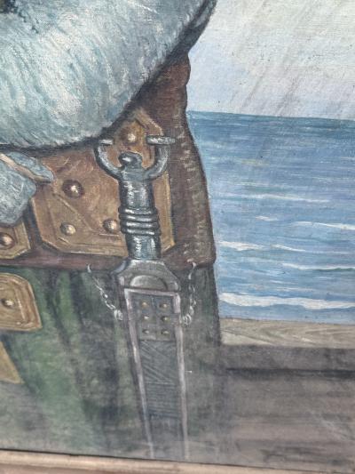 MONUMENTAL ANTIQUE PORTRAIT OF A KNIGHT ON A SHIP AT SEA SIGNED DATED 1925