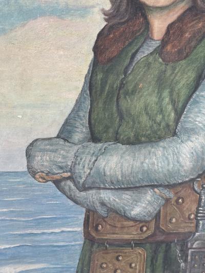 MONUMENTAL ANTIQUE PORTRAIT OF A KNIGHT ON A SHIP AT SEA SIGNED DATED 1925