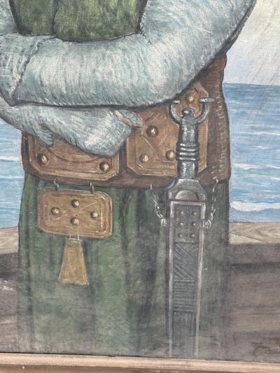 MONUMENTAL ANTIQUE PORTRAIT OF A KNIGHT ON A SHIP AT SEA SIGNED DATED 1925