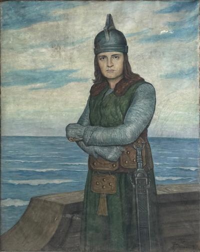 MONUMENTAL ANTIQUE PORTRAIT OF A KNIGHT ON A SHIP AT SEA SIGNED DATED 1925