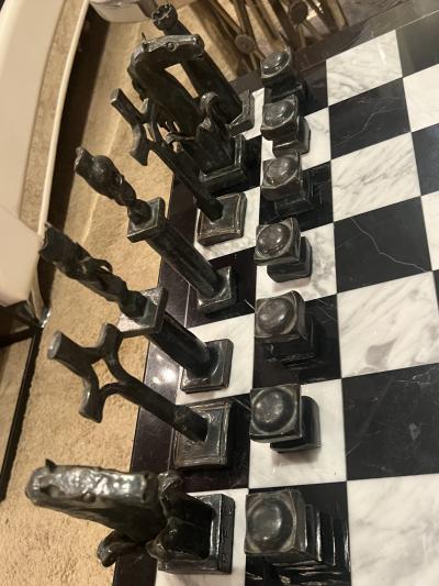 MONUMENTAL BRUTALIST HANDFORGED METAL CHESS PIECES MARBLE IRON CHESS TABLE